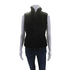 Tulle Womens Front Zip Belted Mock Neck Faux Fur Vest Jacket Black Size Small